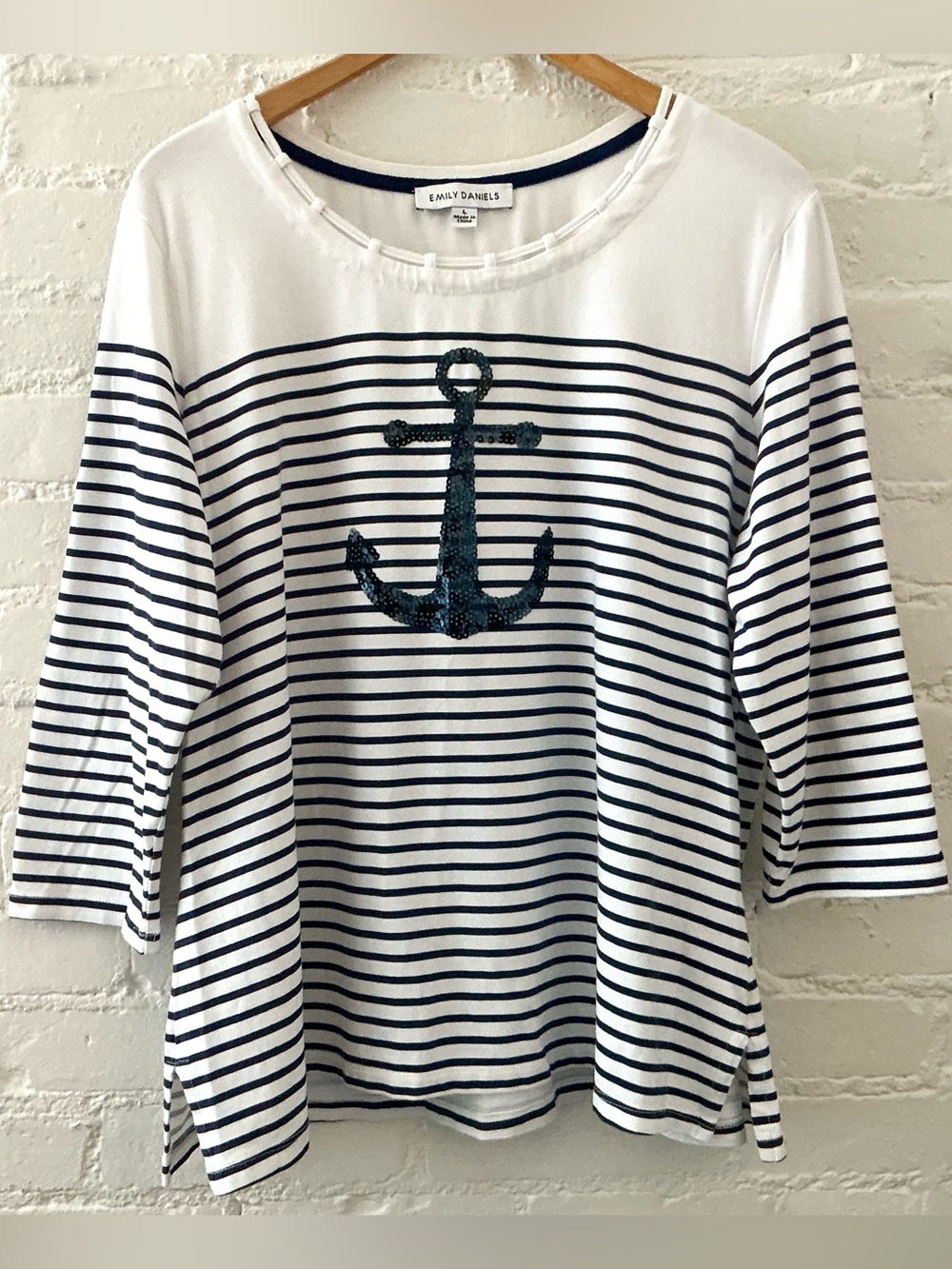 Emily Daniels Nautical Striped Top Shirt Sequin Anchor Navy White Coastal Beach